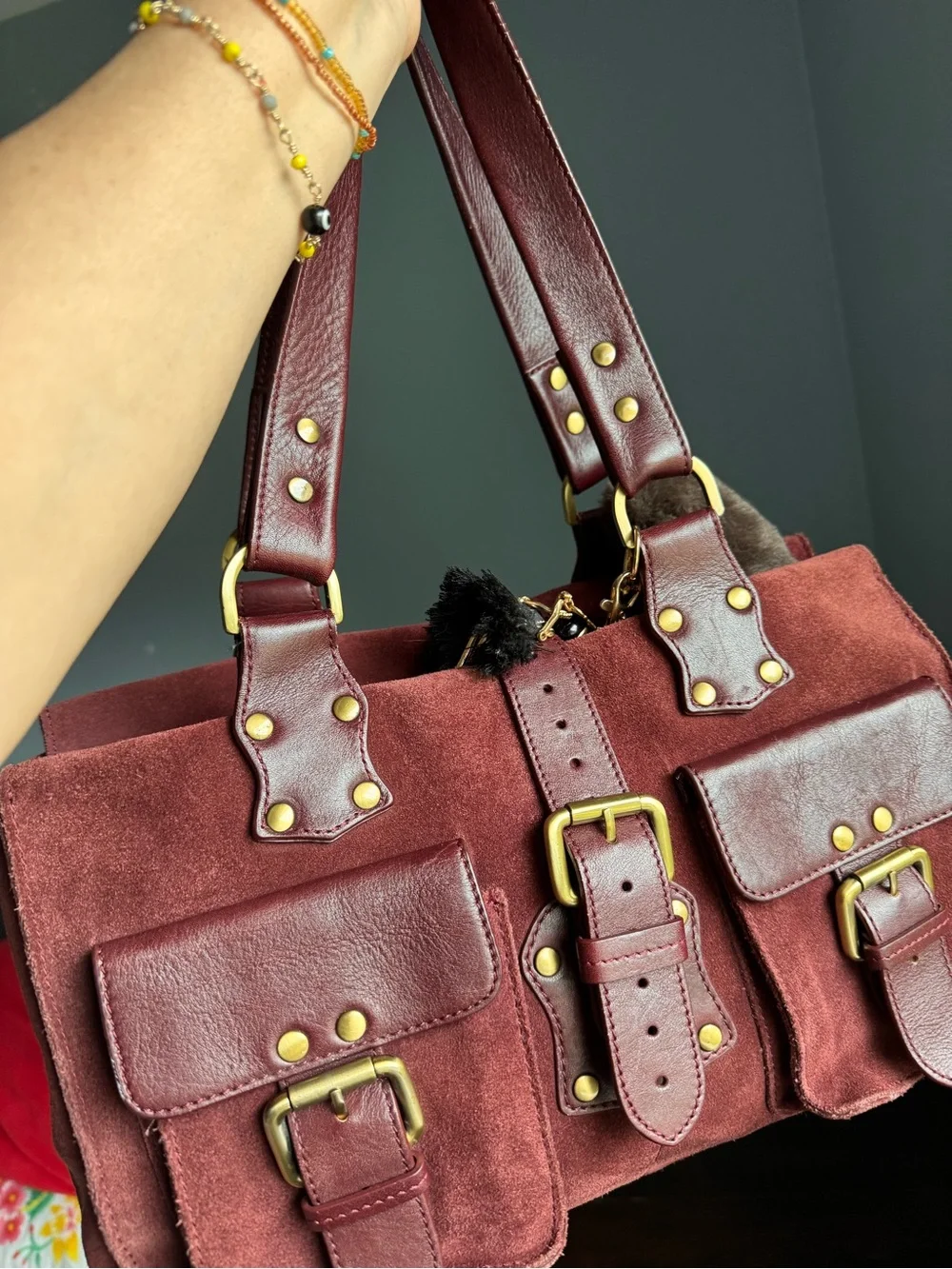 Burgundy Suede & Leather Satchel Tote with Gold Hardware